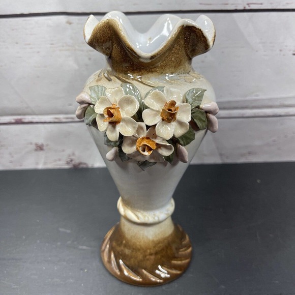 Vintage Studio Art Pottery 8 Inch Vase Applied Leaves Flowers Signed - Picture 1 of 8
